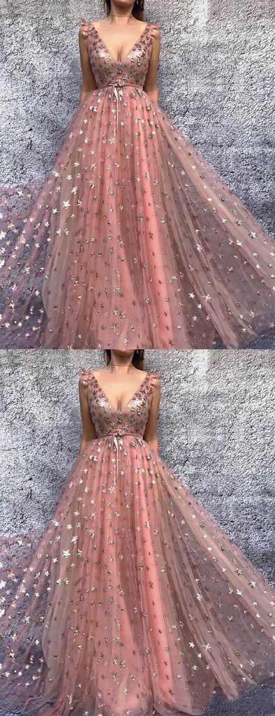 Peach Sparkly Star Sequin Tulle A-line Prom Dresses .PD00287
