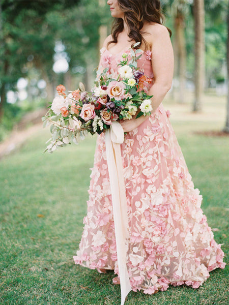 strapless open back dress Pink 3D-Lace Sweetheart Strapless A-line Country Wedding Dresses, AB15 –  AlineBridal