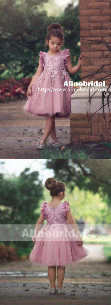 Pink Appliques Tulle Pretty Sleeveless Short Flower Girl Dresses , FGS074