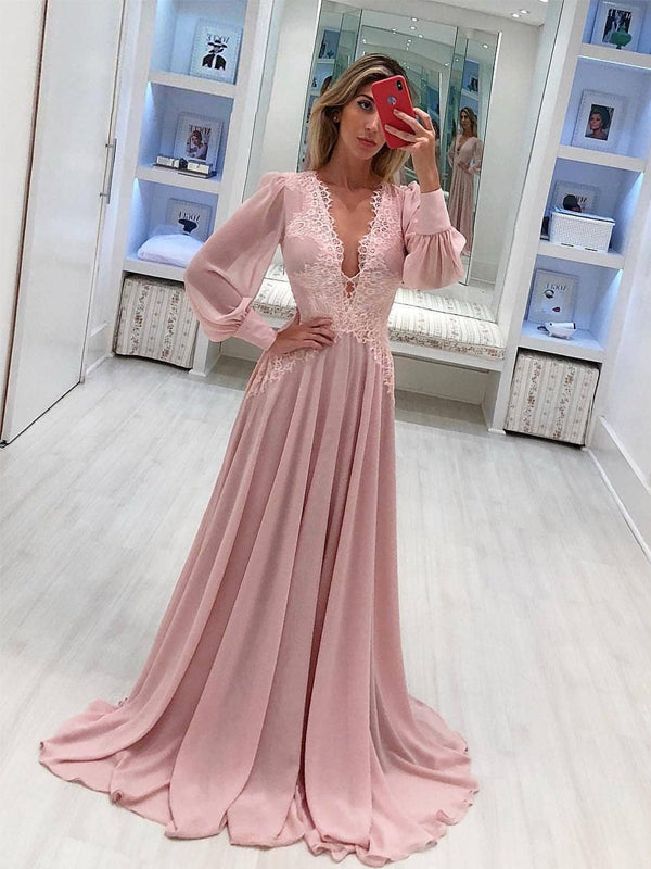 Pink Chiffon Long Sleeve Applique A line Elegant Prom Dresses PD00204