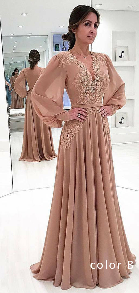 Pink Chiffon Long Sleeve Applique A-line Elegant Prom Dresses,PD00204