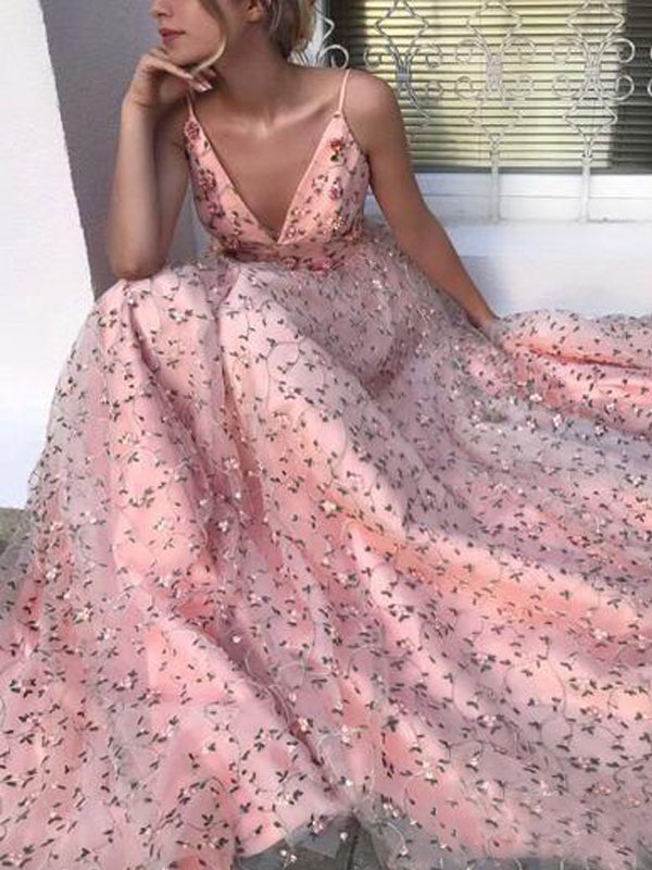 Pink Floral Lace Spaghetti Strap V-neck Prom Dresses.PD00250