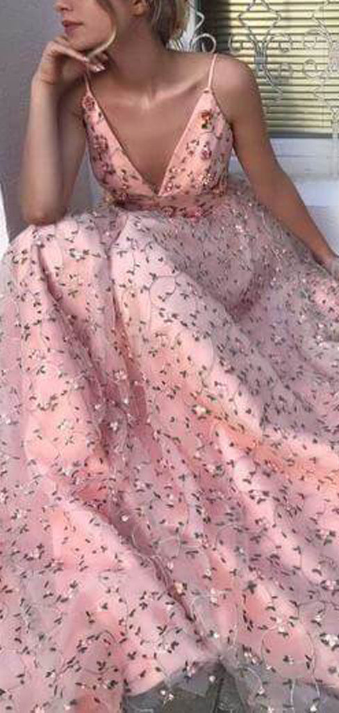 Pink Floral Lace Spaghetti Strap V-neck Prom Dresses.PD00250