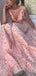 Pink Floral Lace Spaghetti Strap V-neck Prom Dresses.PD00250