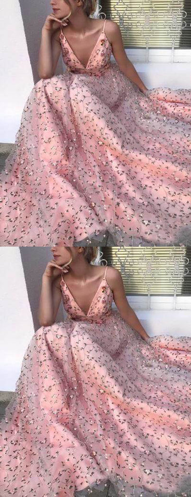 Pink Floral Lace Spaghetti Strap V-neck Prom Dresses.PD00250