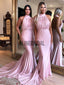 Pink Jersey Halter Backless Mermaid Birdesmaid Dresses, AB4016