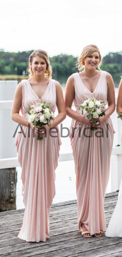 Pink Jersey V-neck Sleeveless Pleating Long Bridesmaid Dresses  , AB4124