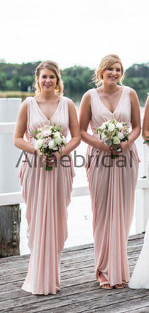 Pink Jersey V-neck Sleeveless Pleating Long Bridesmaid Dresses  , AB4124