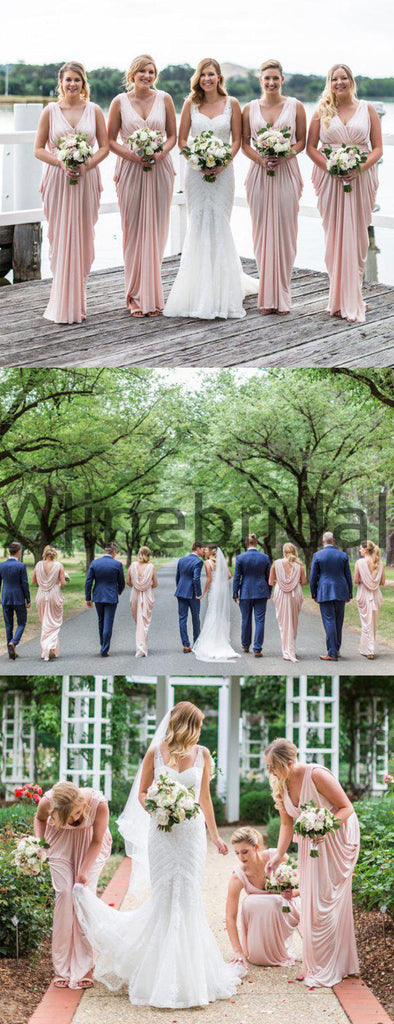 Pink Jersey V-neck Sleeveless Pleating Long Bridesmaid Dresses  , AB4124