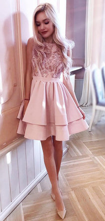 Elegant Dusty Pink Lace Applique Tulle A Line Short Homecoming Dress, –  AlineBridal
