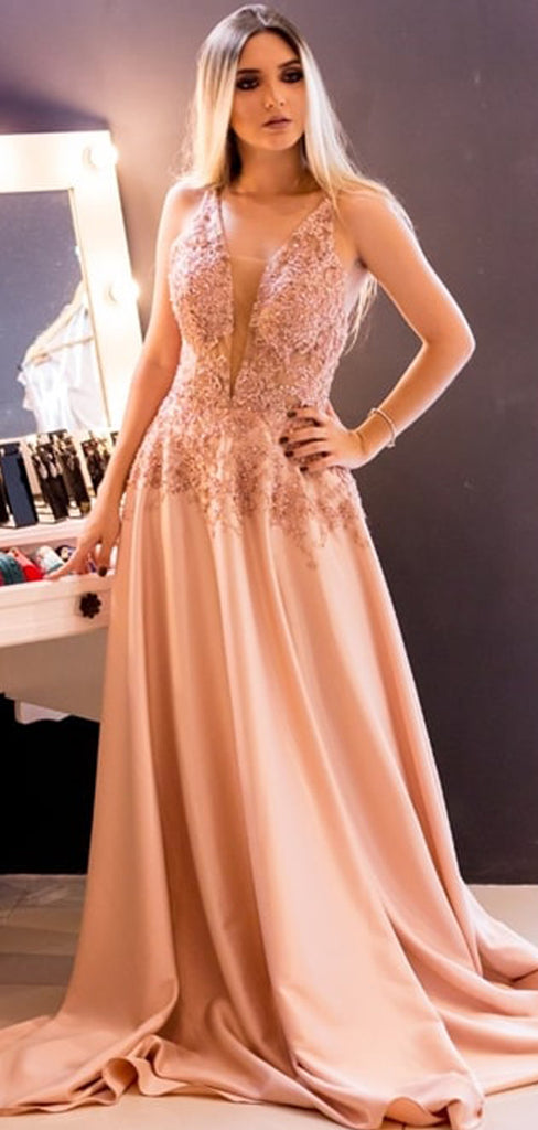 Pink Lace Beading Illusion A-line Elegant Prom Dresses,PD00164