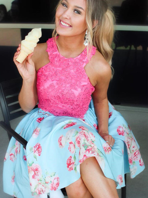 pink halter homecoming dress Lace Blue Floral Satin Dresses,HD0037 – AlineBridal The open back design Bow Back Mini Dress Buckle Color:Stainless for-the-guest