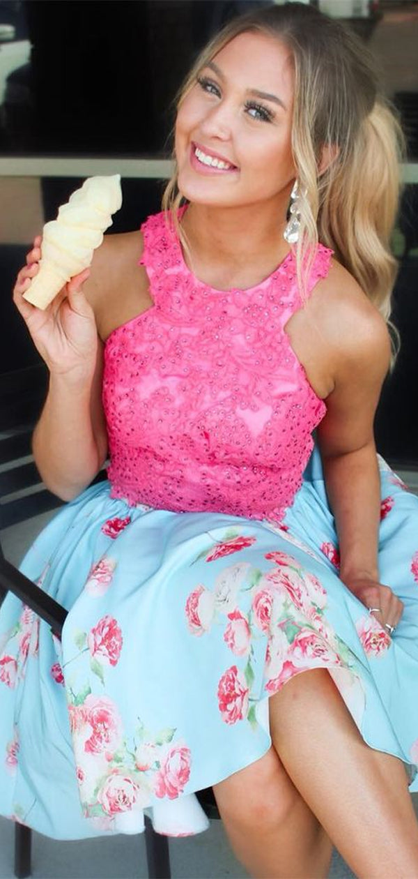 Pink Lace Blue Floral Satin Halter Homecoming Dresses,HD0037 AlineBridal Pink Lace Blue Floral Satin Halter Homecoming Dresses,HD0037 AlineBridal