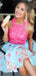 Pink Lace Blue Floral Satin Halter Homecoming Dresses,HD0037