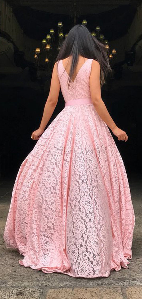 Pink Lace Deep V-neck With Slip Charming Prom Dresses,PD00375 – AlineBridal