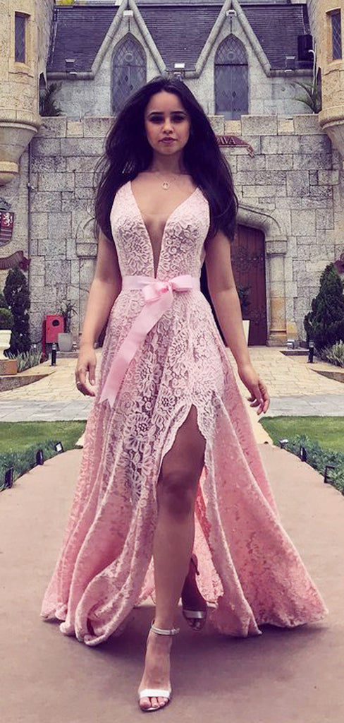 Pink Lace Deep V-neck With Slip Charming Prom Dresses,PD00375