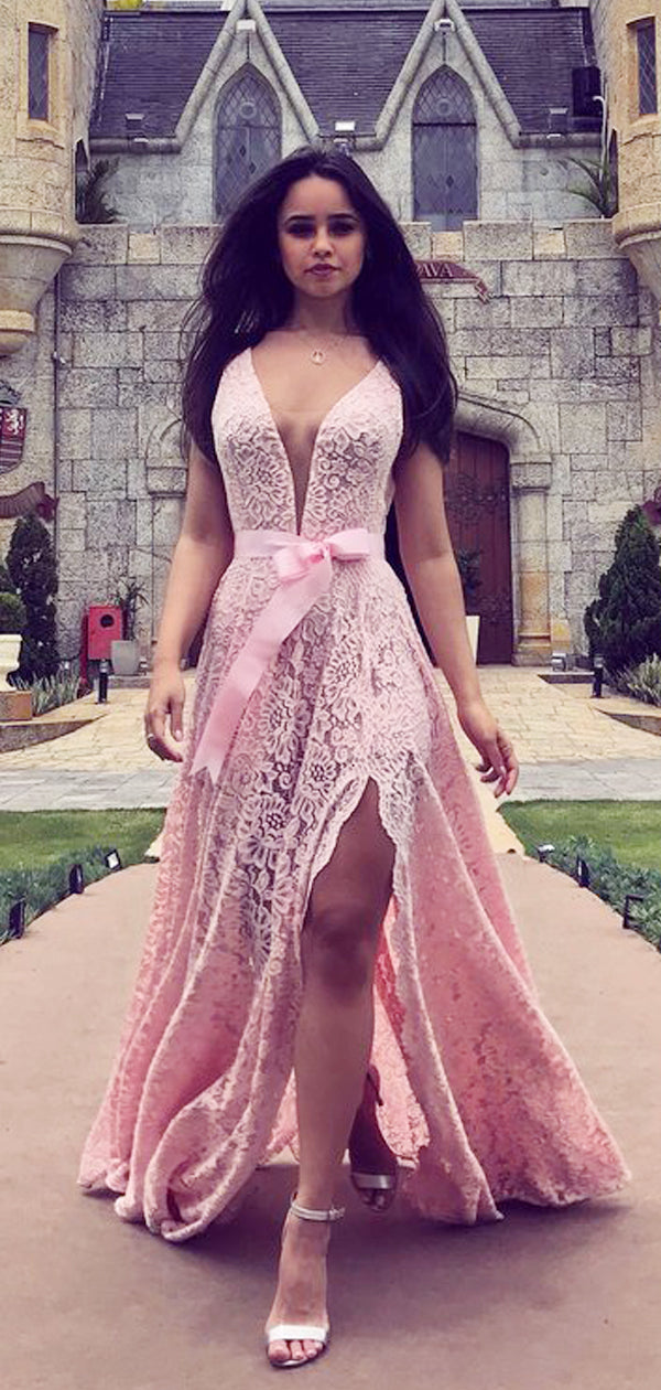 Pink Lace Deep V-neck With Slip Charming Prom Dresses,PD00375 AlineBridal Pink Lace Deep V-neck With Slip Charming Prom Dresses,PD00375 AlineBridal