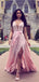 Pink Lace Deep V-neck With Slip Charming Prom Dresses,PD00375
