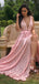 Pink Lace Deep V-neck With Slip Charming Prom Dresses,PD00375