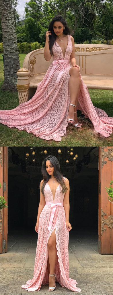 Pink Lace Deep V-neck With Slip Charming Prom Dresses,PD00375
