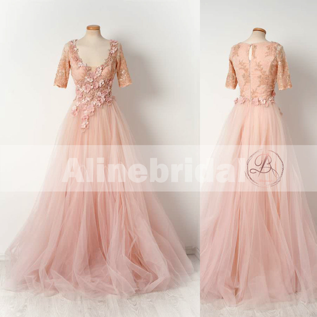 Pink Lace Handmade Flowers Beaded Tulle Half Sleeves Scoop Neck Prom Dresses,PD00105
