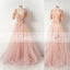 Pink Lace Handmade Flowers Beaded Tulle Half Sleeves Scoop Neck Prom Dresses,PD00105