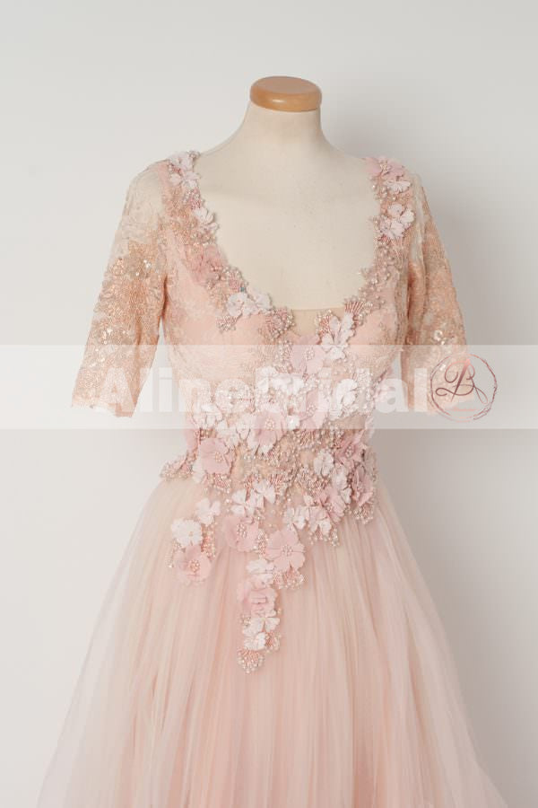 Pink Lace Handmade Flowers Beaded Tulle Half Sleeves Scoop Neck Prom Dresses,PD00105