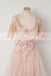 Pink Lace Handmade Flowers Beaded Tulle Half Sleeves Scoop Neck Prom Dresses,PD00105