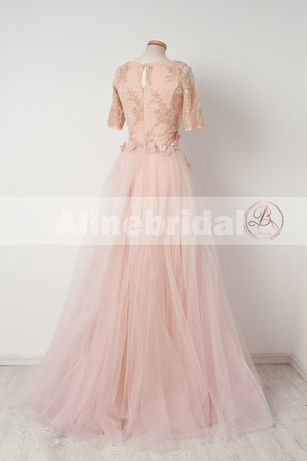 Pink Lace Handmade Flowers Beaded Tulle Half Sleeves Scoop Neck Prom Dresses,PD00105