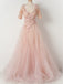 Pink Lace Handmade Flowers Beaded Tulle Half Sleeves Scoop Neck Prom Dresses,PD00105