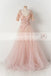 Pink Lace Handmade Flowers Beaded Tulle Half Sleeves Scoop Neck Prom Dresses,PD00105