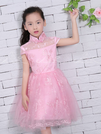 Pink Lace High Neck Cap Sleeve Flower Girl Dresses, FGS128