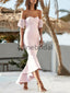 Pink Lace Off Shoulder Sweetheart Mermaid High Low Bridesmaid Dresses, AB4097