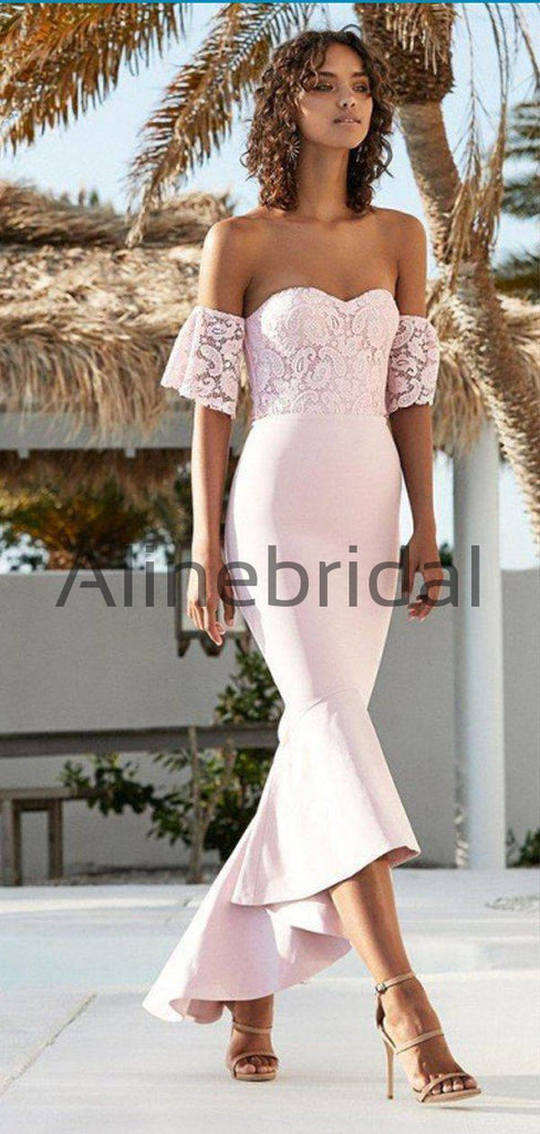 Pink Lace Off Shoulder Sweetheart Mermaid High Low Bridesmaid Dresses, AB4097
