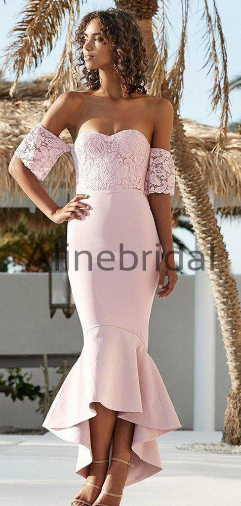 Pink Lace Off Shoulder Sweetheart Mermaid High Low Bridesmaid Dresses, AB4097