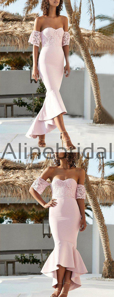 Pink Lace Off Shoulder Sweetheart Mermaid High Low Bridesmaid Dresses, AB4097