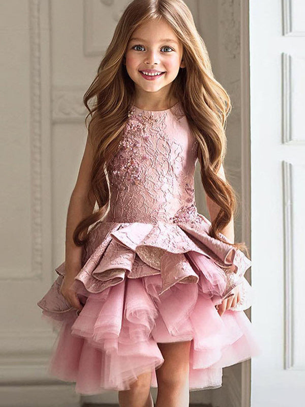 Pink Lace Tulle High Low Ruffles Cute Flower Girl Dresses , FGS051 AlineBridal Pink Lace Tulle High Low Ruffles Cute Flower Girl Dresses , FGS051 AlineBridal