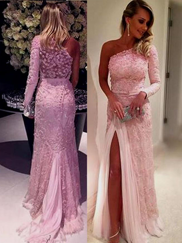Pink One Shoulder Appliques Long Sleeves Lace Vintage Prom Gown Dresses. AB014