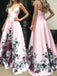 Pink Satin Floral Prints Spaghetti Strap A-line Prom Dresses .PD00272
