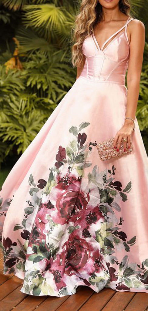 Pink Satin Floral Prints Spaghetti Strap A-line Prom Dresses .PD00272