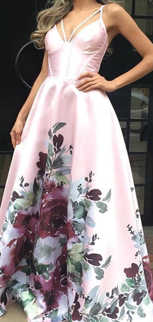 Pink Satin Floral Prints Spaghetti Strap A-line Prom Dresses .PD00272