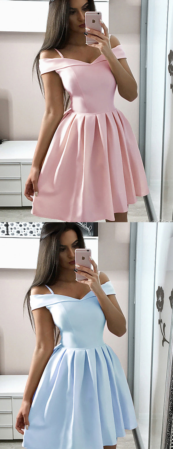 Pink Satin Off Shoulder Spaghetti Strap Homecoming Dresses HD0068 AlineBridal