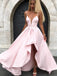 Pink Satin Spaghetti Strap High Low Simple Prom Dresses,PD00324