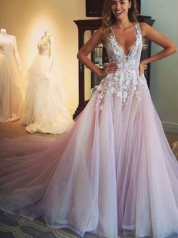 Pink Tulle Applique Sleeveless V-neck A-line Open Back Prom Dresses,PD AlineBridal Pink Tulle Applique Sleeveless V-neck A-line Open Back Prom Dresses,PD AlineBridal