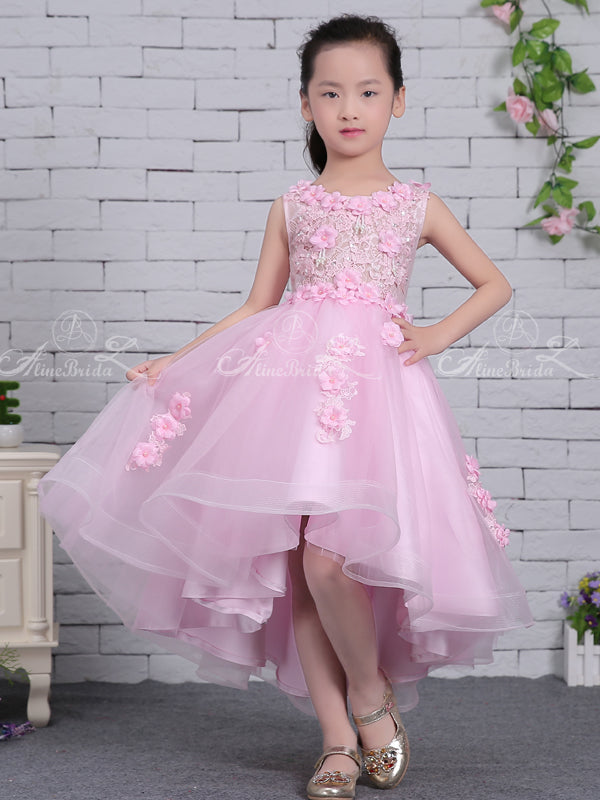 Pink Tulle Lace Applique High Low Gorgeous Flower Girl Dresses, FGS131