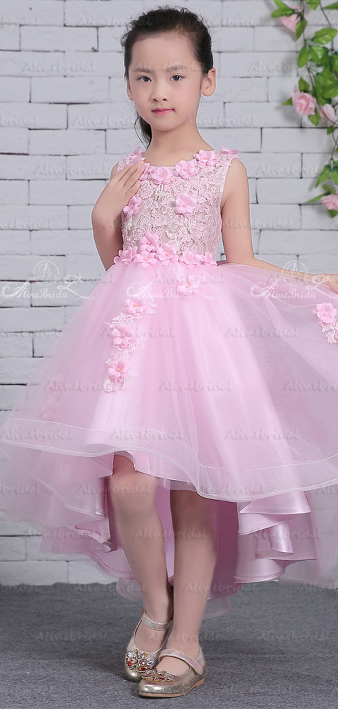 Pink Tulle Lace Applique High Low Gorgeous Flower Girl Dresses, FGS131
