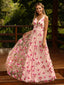 Pink Tulle Rose Lace Sleeveless A-line Prom Dresses. PD00257