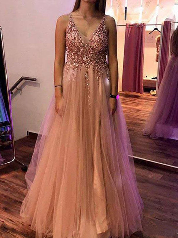 Elegant V-neck V-back A-line Pink Tulle Prom Dress, Evening Dress, PD0 AlineBridal Elegant V-neck V-back A-line Pink Tulle Prom Dress, Evening Dress, PD0 AlineBridal