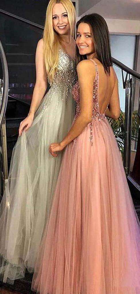 Pink Tulle Sequin Beads V-neck Backless Prom Dresses,PD00364