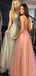 Pink Tulle Sequin Beads V-neck Backless Prom Dresses,PD00364